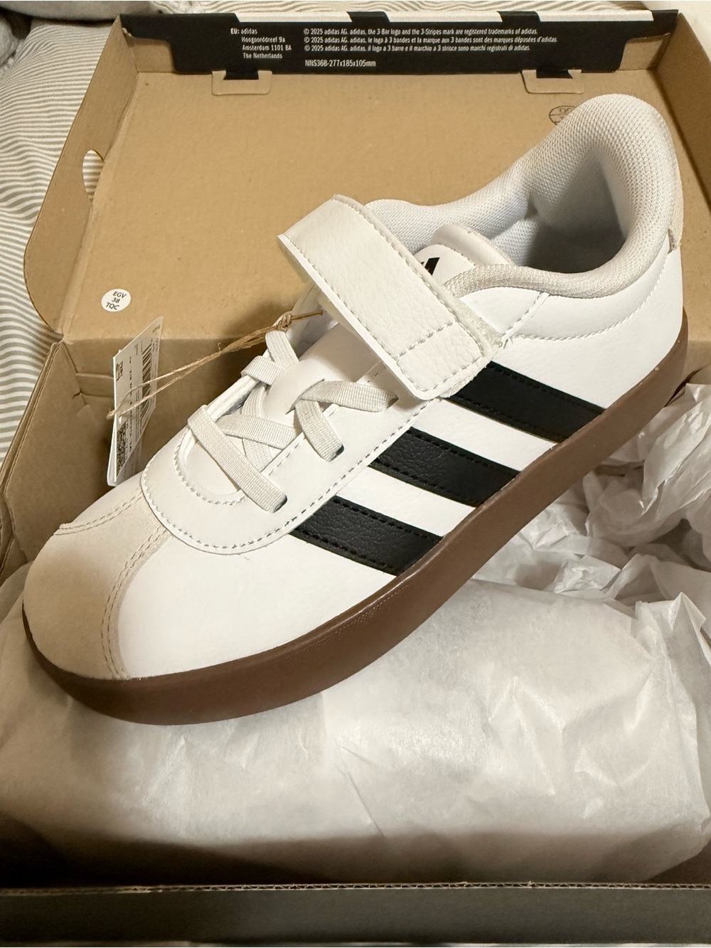 Adidas Kids White and Black Sneakers with Brown Sole Size 2.5